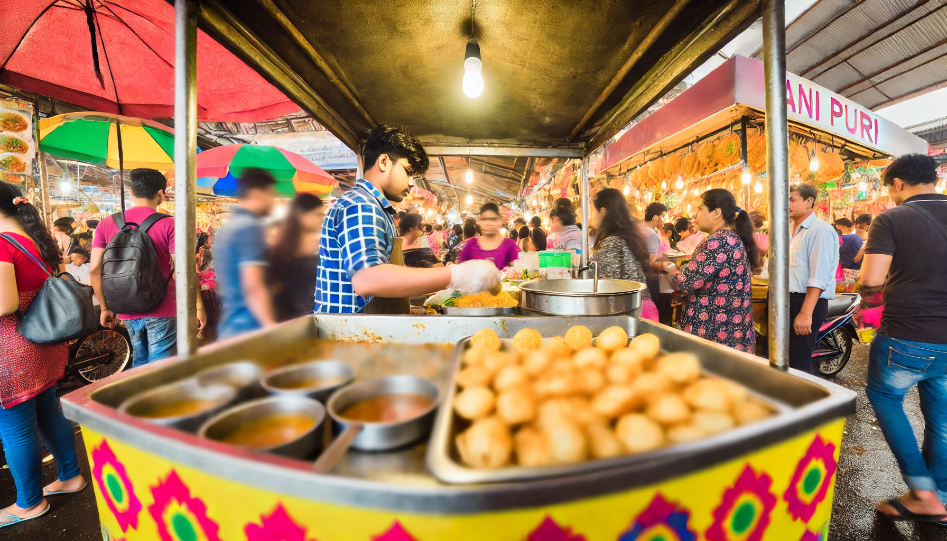 A close-up view of a pani puri stall with the vendor preparing puris and customers eagerly waiting, creating a warm and inviting ambiance.