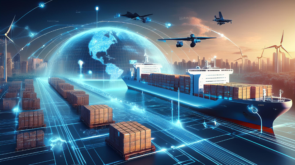 A futuristic global supply chain in 2025, featuring cargo ships, pallets of goods, drones, and sustainable energy sources like wind turbines, illustrating the interconnected logistics of the modern world.