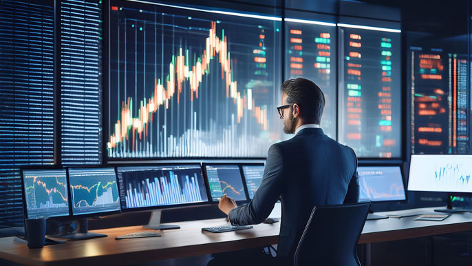 An investor analyzing small-cap stock performance on multiple monitors, showcasing dynamic growth charts and market data in a professional trading environment.