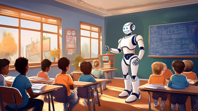 A humanoid robot teaching a classroom of young students, engaging them in a lesson with a friendly expression.