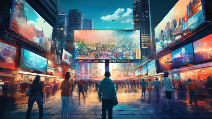 People standing in a city square surrounded by large digital billboards displaying social impact messages and marketing videos, symbolizing audience engagement and social awareness through visual media