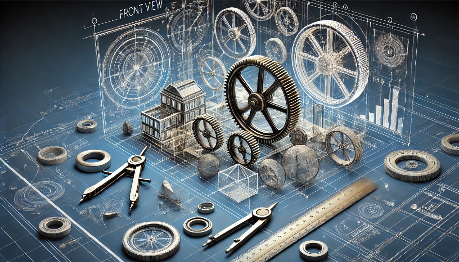 Abstract scene of technical drawing and innovation, featuring blueprint-style designs, 3D object views, and geometric tools, with a futuristic and creative theme.