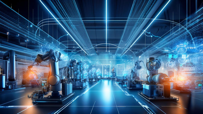 Smart factory with connected industrial robots and IoT sensors transmitting real-time data streams, symbolizing predictive maintenance and automated efficiency.