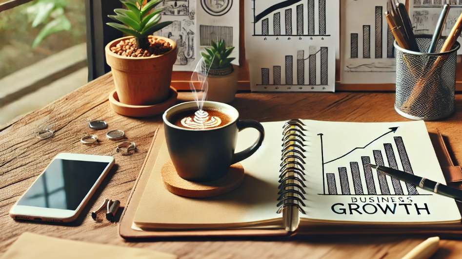 A notebook with growth charts, a coffee cup, and a vision board on a wooden desk, symbolizing business planning and creativity.