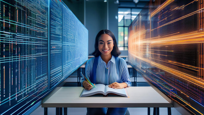 A student sits at a desk studying with a notebook, surrounded by streams of digital data, symbolizing the comparison between human experiential learning and data-driven AI processing.