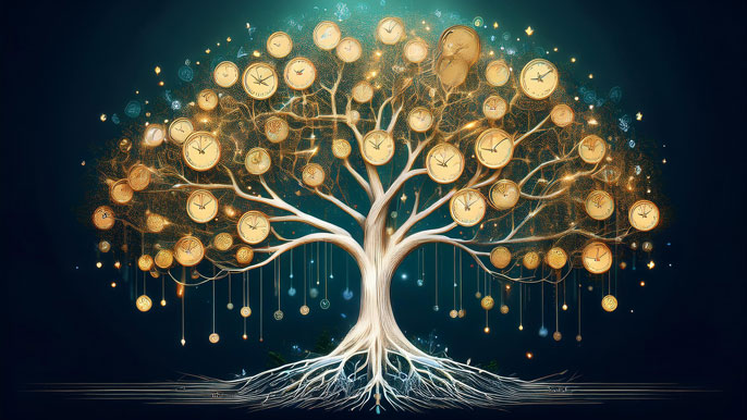 A tree with glowing clock faces as leaves and roots forming interconnected timelines, symbolizing the value and growth derived from billable hours.