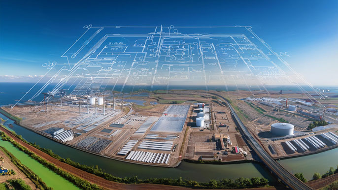 A vast industrial plot of land with factory blueprints overlaid in the sky, showing nearby infrastructure like railways and highways, symbolizing the process of selecting and planning land for large-scale factory development.