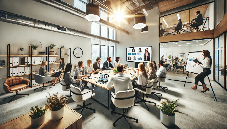 Modern office with diverse employees collaborating in a bright, inclusive workspace, reflecting a strong corporate culture.