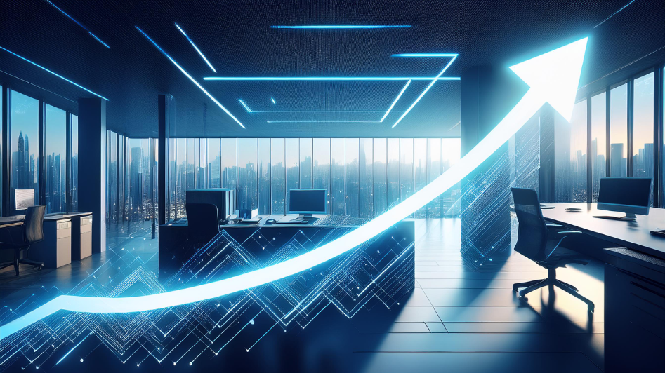 Futuristic office environment with an upward arrow symbolizing business growth, innovation, and progress in entrepreneurship.