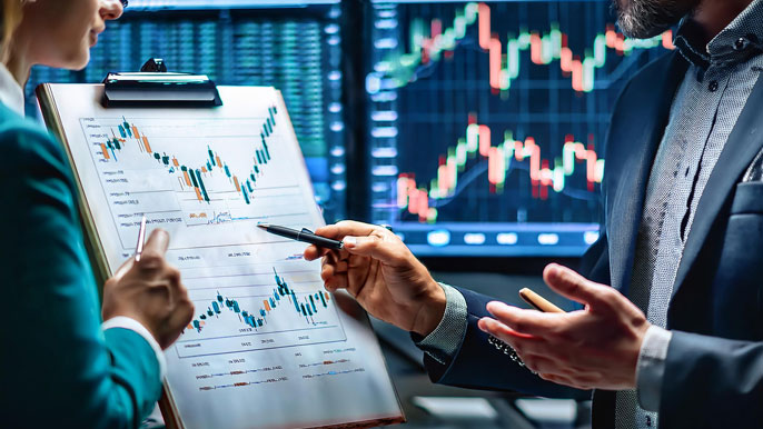 Financial advisor explaining stock market charts and trends to an investor using a clipboard with graphs. In the background, live stock charts and market data are displayed on large screens, understanding stock market terms.