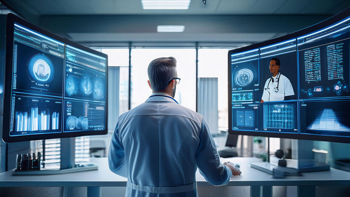 A healthcare administrator overseeing digital screens displaying medical data and financial metrics, illustrating the intersection of biology and business in healthcare management.