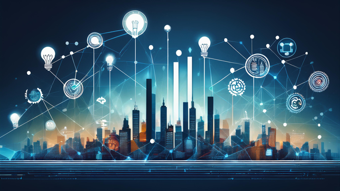 Abstract representation of start-up support featuring interconnected lightbulbs, bar graphs, and digital symbols over a cityscape, symbolizing innovation, growth, and collaboration.