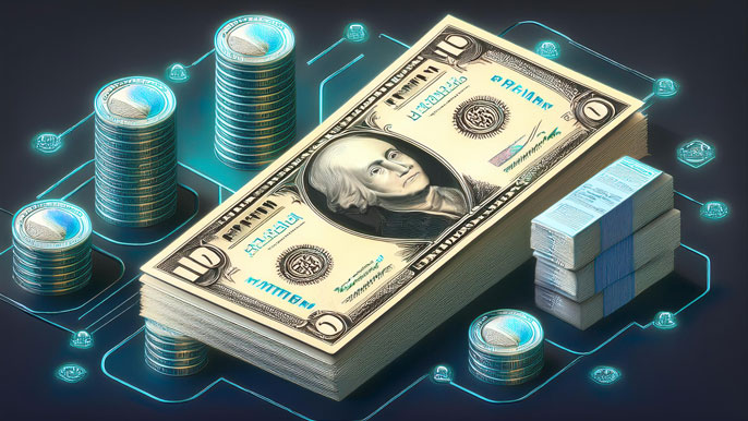 A digital illustration of a repurchase agreement (repo) transaction, featuring stacks of cash and coins connected by a futuristic financial network. The image represents the flow of funds in a short-term loan secured by government bonds.