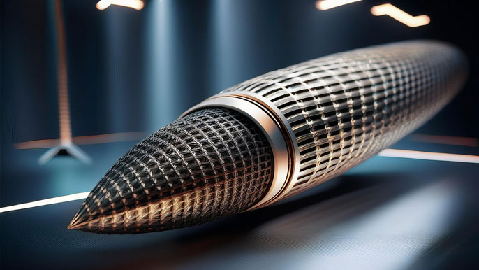 Close-up view of a carbon fiber rocket component, showcasing intricate fiber patterns for lightweight durability in aerospace.