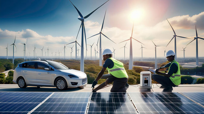 Workers installing solar panels on a rooftop with wind turbines in the background, and an electric vehicle charging nearby, symbolizing the integration of solar, wind energy, and electric vehicle infrastructure in the renewable energy industry.