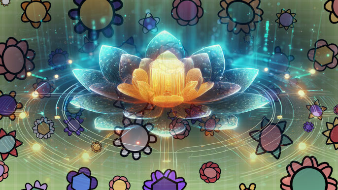 A glowing AI-powered flower surrounded by digital blockchain nodes, symbolizing FLOWER Token’s integration with DeFi, NFTs, and AI technology.