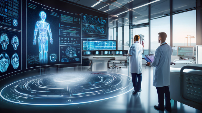 Doctors in a high-tech facility reviewing AI-generated medical data on large screens, highlighting AI-driven diagnostics and centralized medical reports.