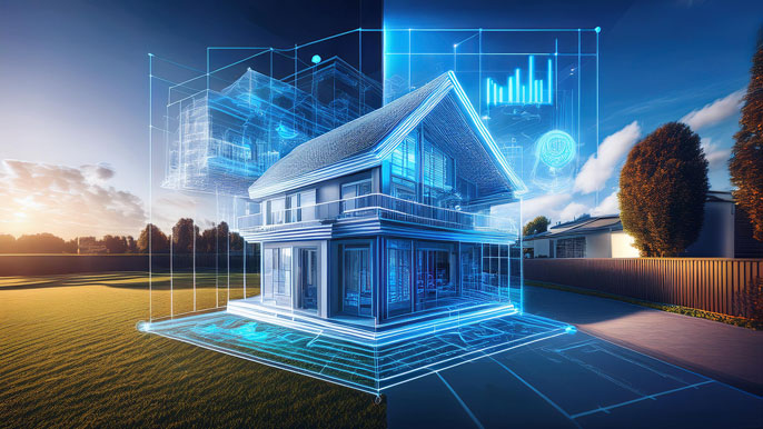 A traditional house blueprint transforming into a holographic 3D property with digital graphs and layouts, symbolizing the shift to modern real estate tech solutions.