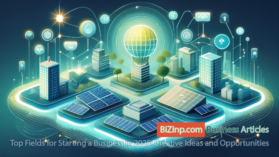 A futuristic illustration showcasing top business fields in 2025, including solar energy, smart city infrastructure, and digital connectivity, symbolizing innovation and entrepreneurial opportunities.