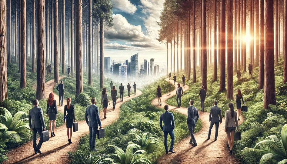 A group of professionals in business-casual attire standing on a forest path, symbolizing resilience and adaptability. The scene blends nature with a distant city skyline, representing the balance between challenges and opportunities.