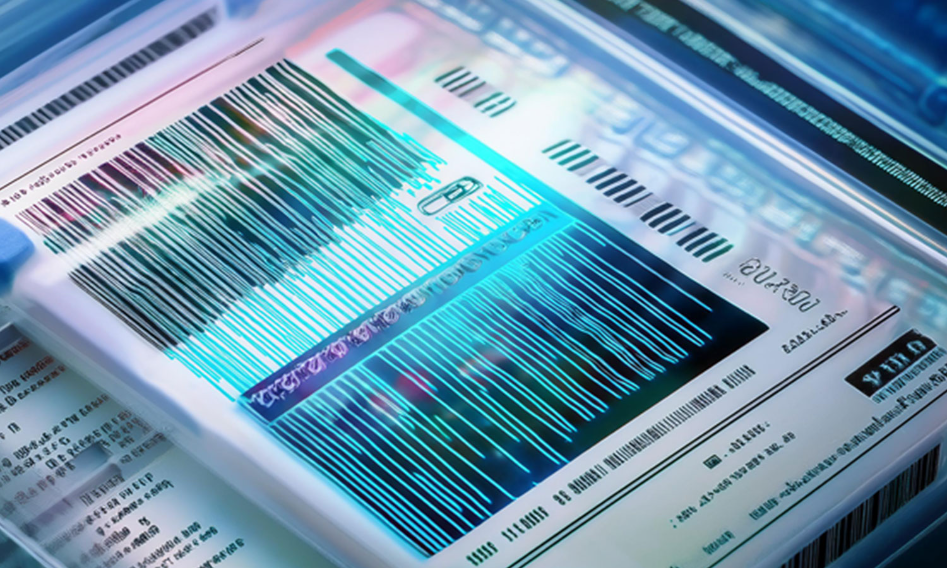 Close-up of a pharmaceutical package with a barcode and holographic data layers, illustrating DSCSA compliance for product traceability.