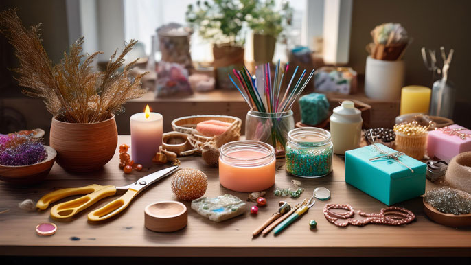 A creative home workspace filled with handmade items, including candles, jewelry, and crafting materials, symbolizing a simple and profitable home-based business for handmade products.