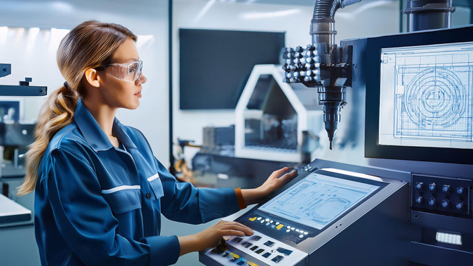 A mechanical engineer operating a CNC machine in a modern workshop, using a control panel to create precision parts. The screen displays detailed technical designs, and the workshop is equipped with advanced machining tools.