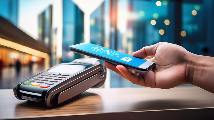 Hand holding smartphone for contactless payment on digital terminal in modern UAE retail setting.