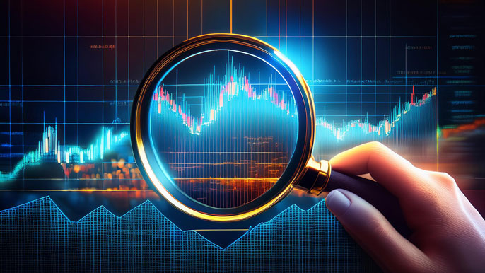 A magnifying glass highlighting a stock market graph, symbolizing detailed analysis and the importance of key financial metrics for smart investing.