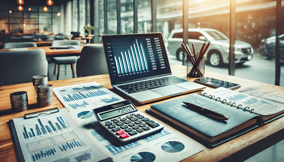 A professional business setting with financial documents, a laptop displaying charts and graphs, and a calculator on a desk, representing accounting and financial management.