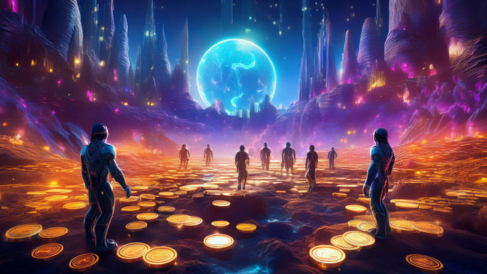 A vibrant metaverse landscape with digital avatars surrounded by glowing coins, symbolizing the role of MANA, SAND, and other top metaverse cryptocurrencies in virtual economies.