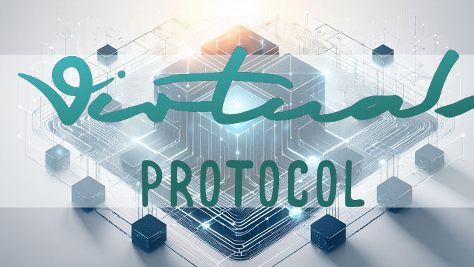 Virtuals Protocol logo over a futuristic blockchain network, symbolizing scalability, interoperability, and innovation in the crypto ecosystem.