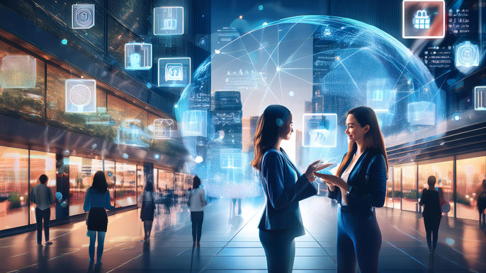 Futuristic scene with AI-powered holograms, augmented reality shopping, and blockchain security icons, representing breakthrough technologies shaping consumer behavior in 2025.