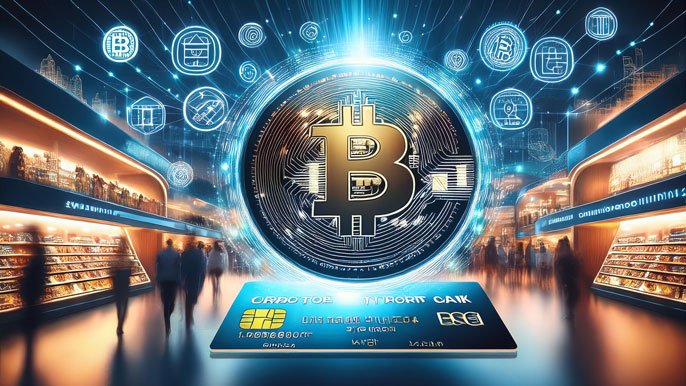 Futuristic crypto credit card with a glowing Bitcoin logo, surrounded by digital icons and a modern retail shopping environment.