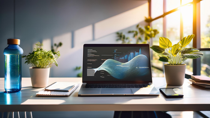 A bright and dynamic workspace featuring a laptop, water bottle, notebook, and indoor plants, symbolizing balance, focus, and energy flow for entrepreneurial success, with sunlight streaming through large windows.