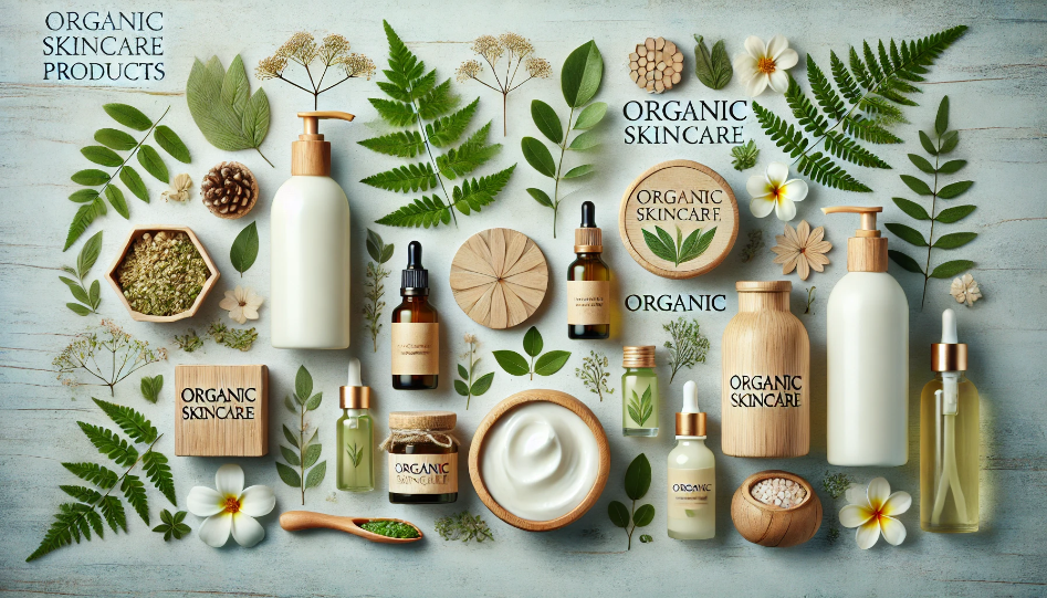 A selection of organic skincare products displayed with natural elements.